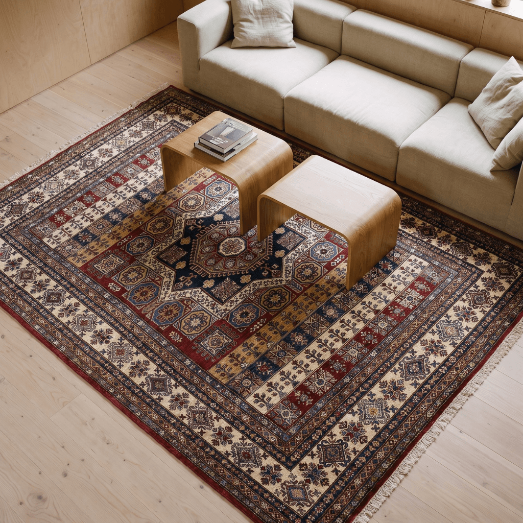 A handwoven rug in a bright living room with cream sofas
