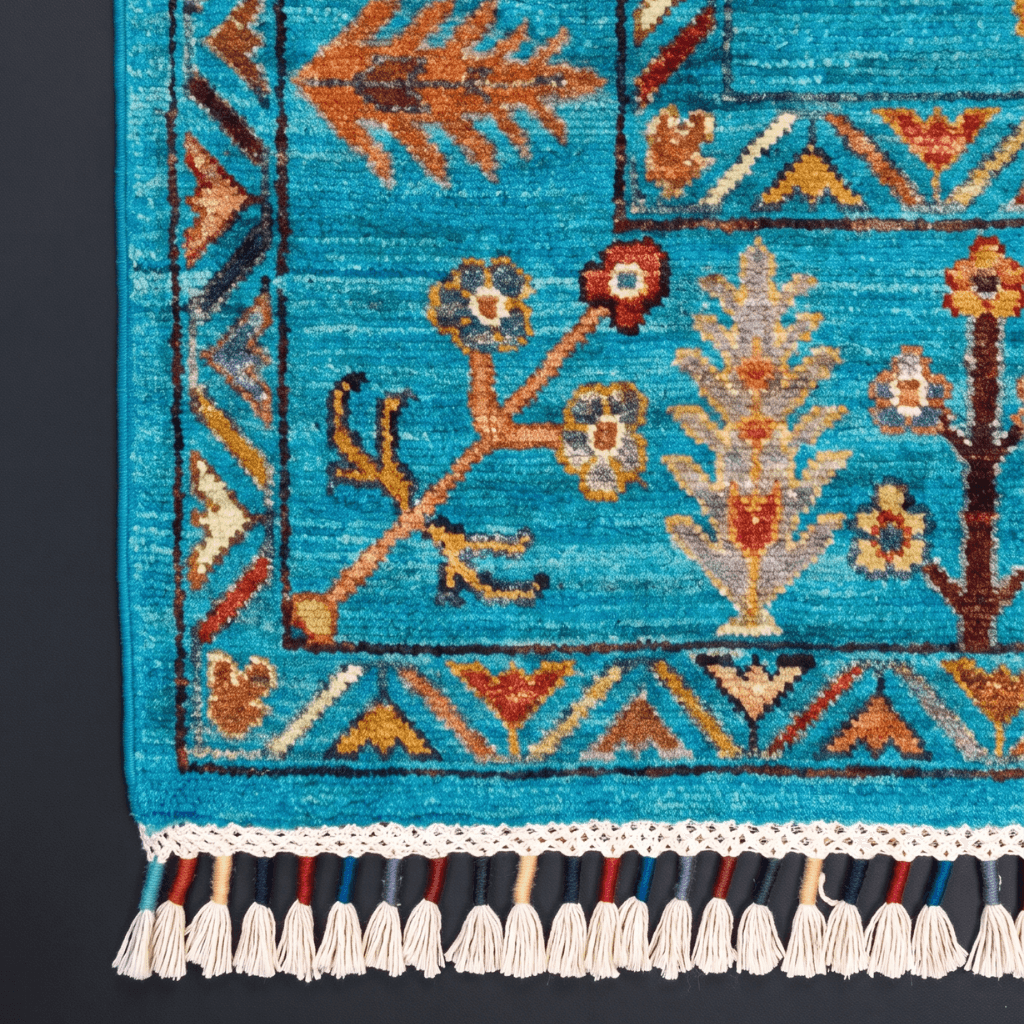 A handwoven rug in deep, rich colour