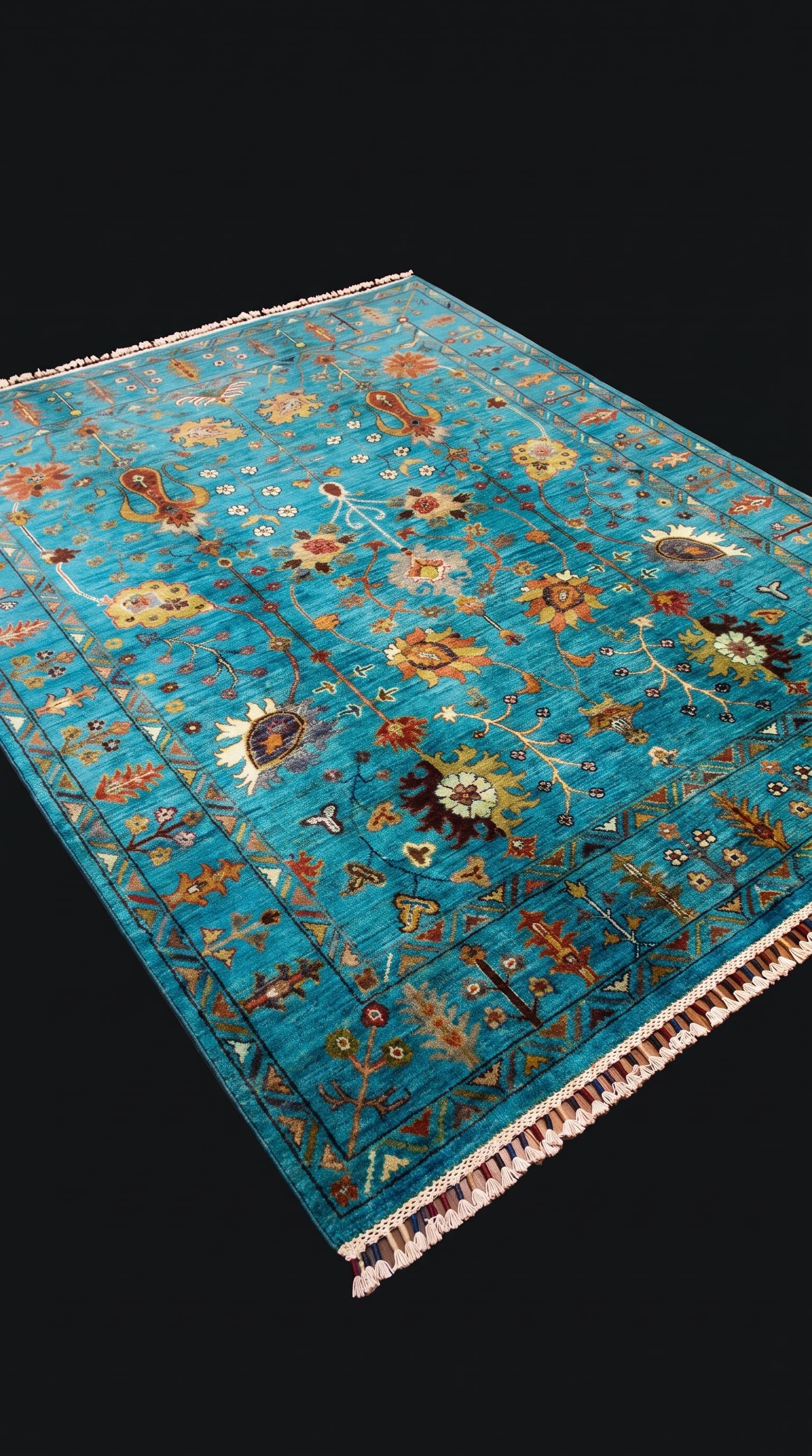 The pile of a turquoise wool rug