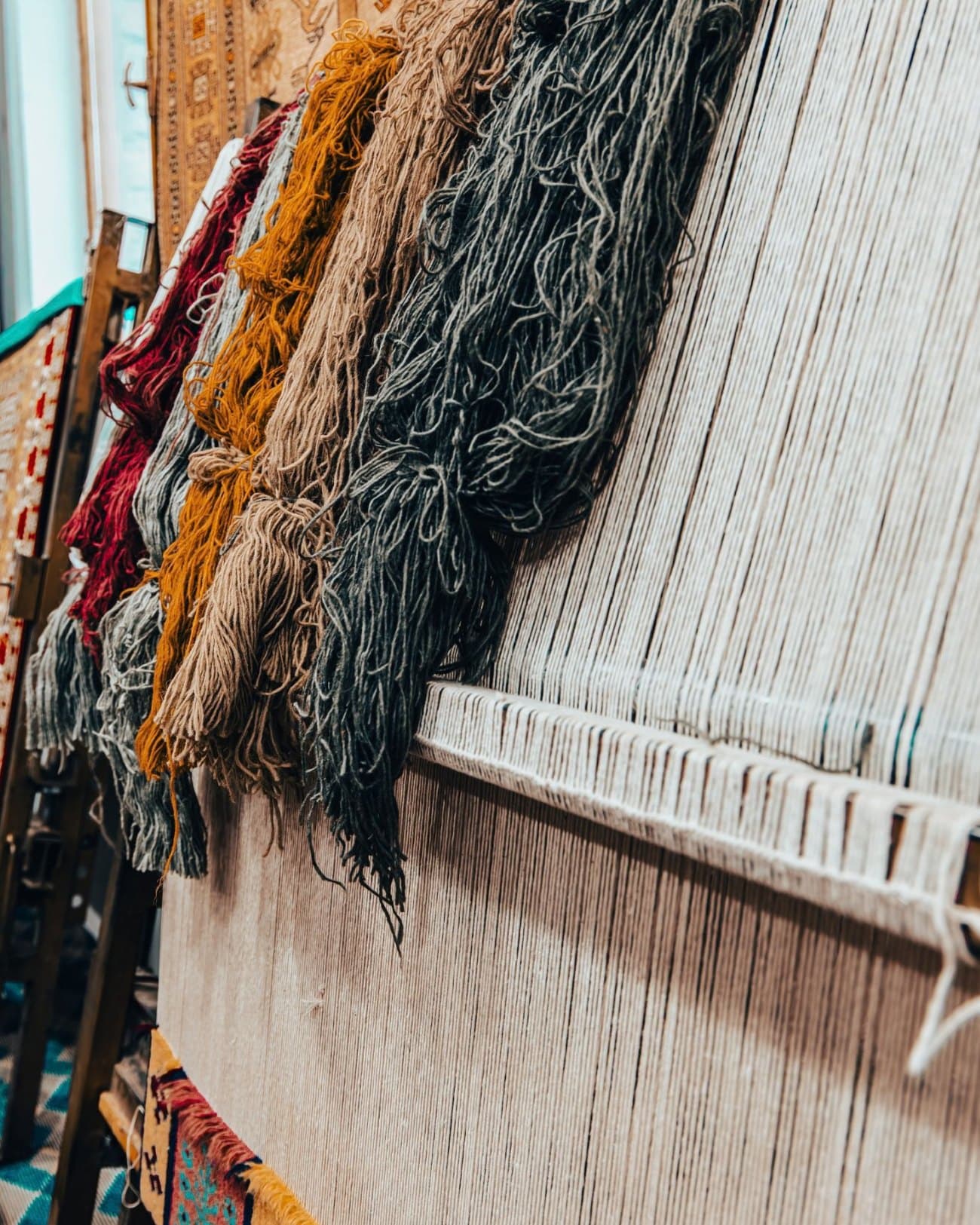 Hanks of dyed wool hung beside the warp threads of a loom