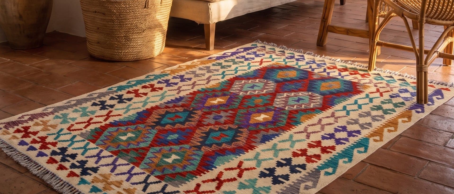 A flatwoven kilim in a sunlit living room